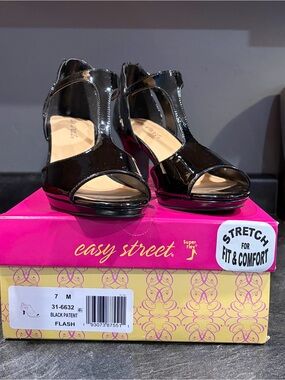 easy street Black Patent T-Strap Wedge Sandals